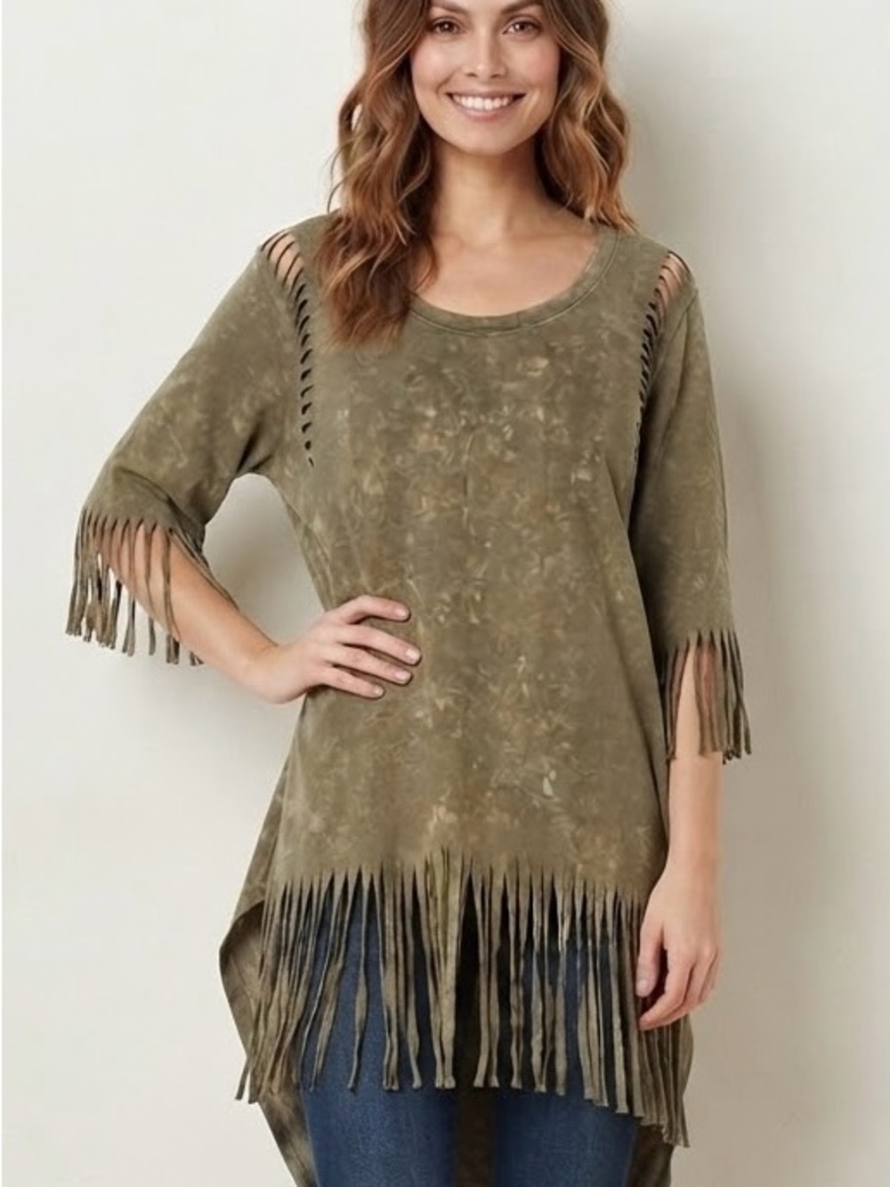 POL Acid Washed Olive Fringe Hem Tunic
